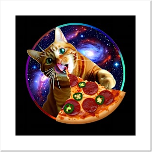 Funny Orange Cat eating Pizza in Space Posters and Art